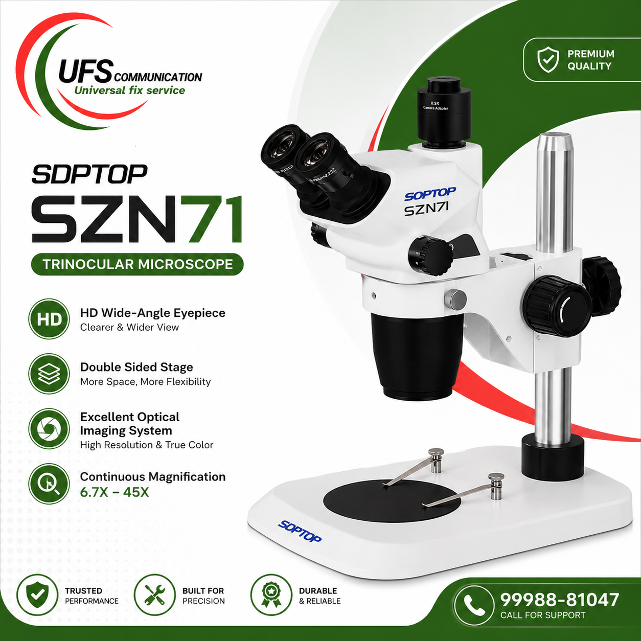 SOPTOP SZM-7060Pro (7X-60X) Trinocular Stereo Microscope With 0.5X Lens & LED Light