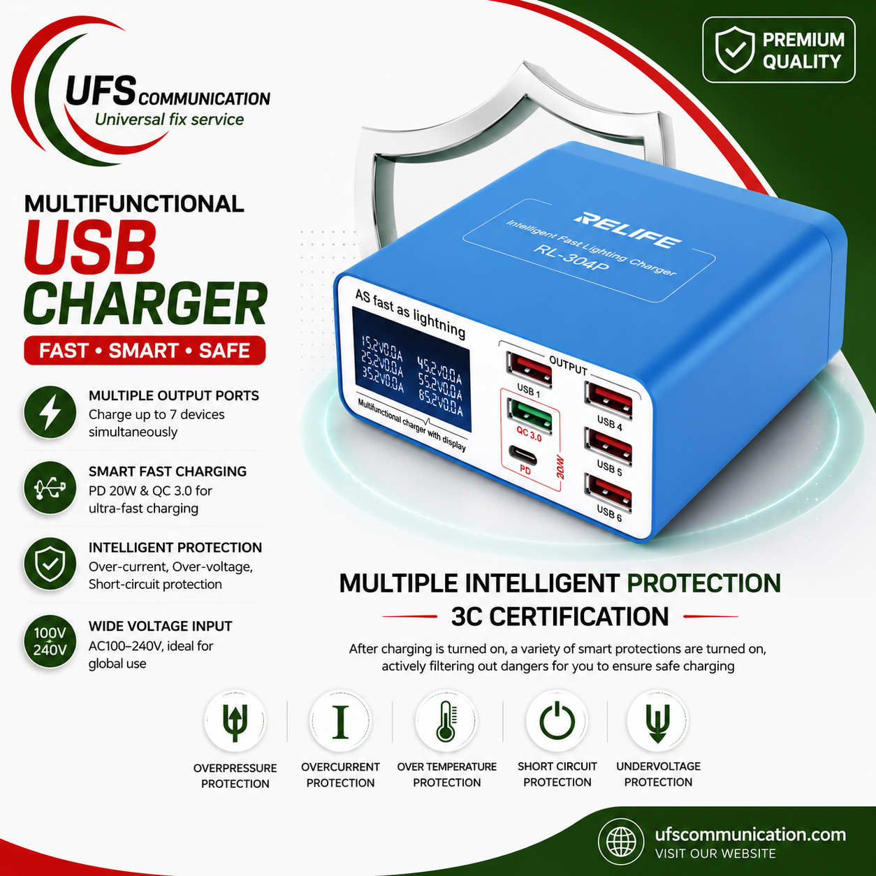 Relife RL-304P Smart Digital Display 6-port USB Charger Support PD3.0+QC3.0
